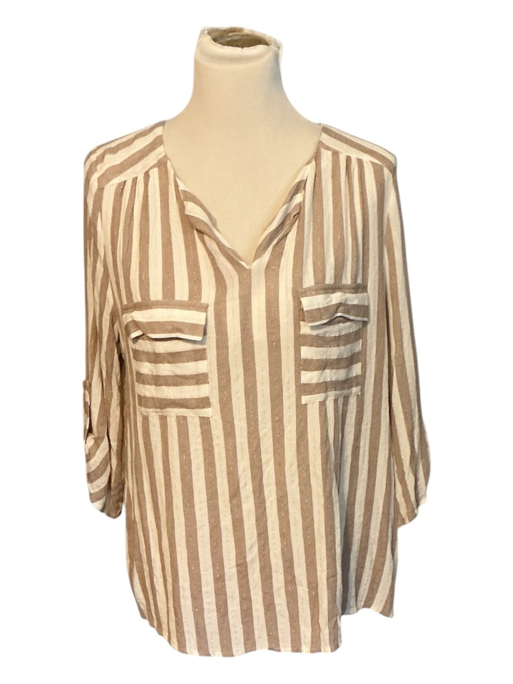 Faith and Joy Beige and White Striped V-Neck Pocket Tunic